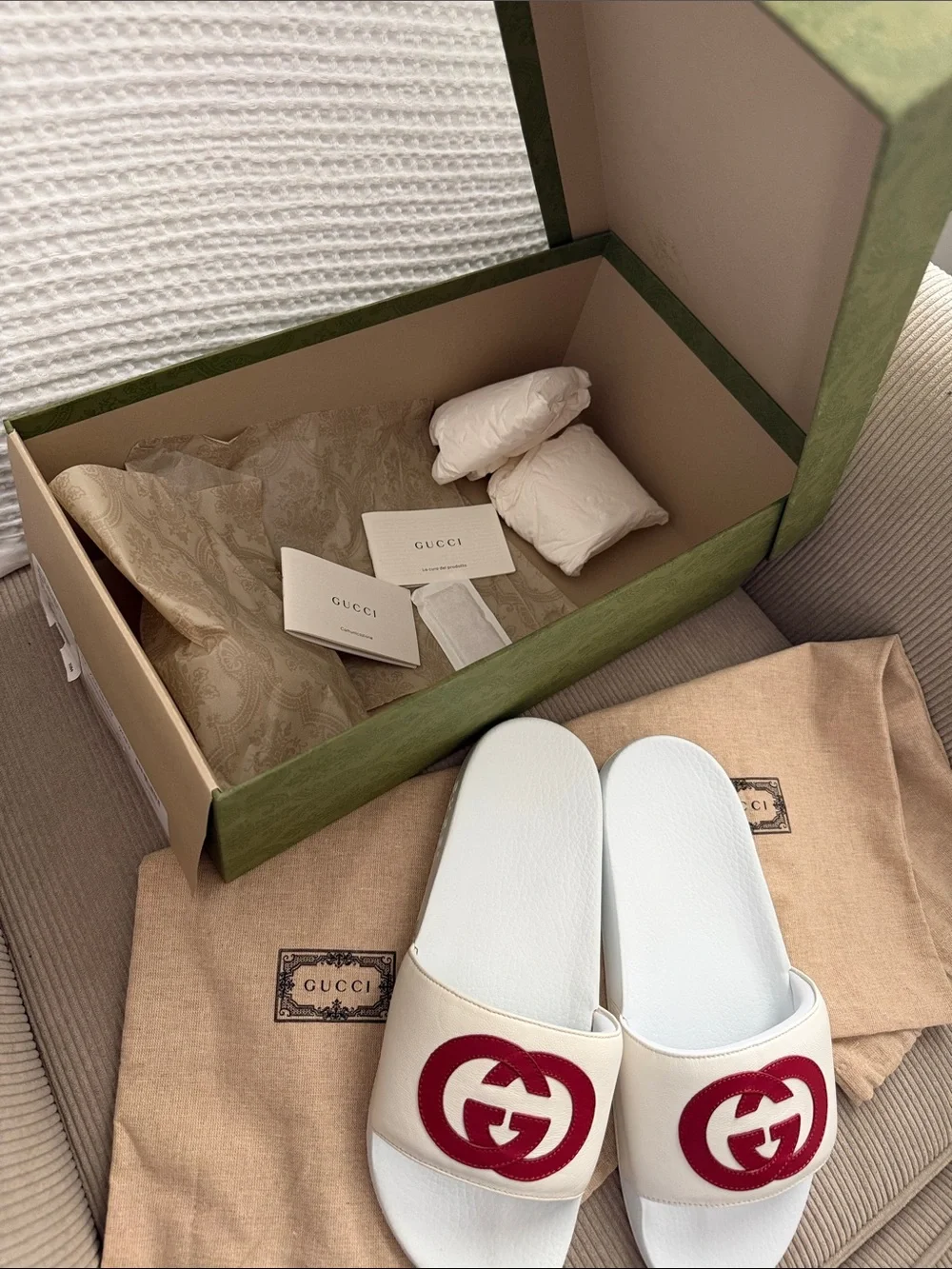 Gucci Men’s White Leather Slide Sandals with Red Interlocking G